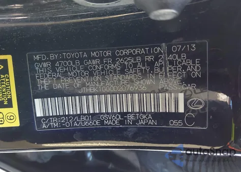 2013 Lexus Es 350 from USA, damaged, VIN JTHBK1GG0D2076936